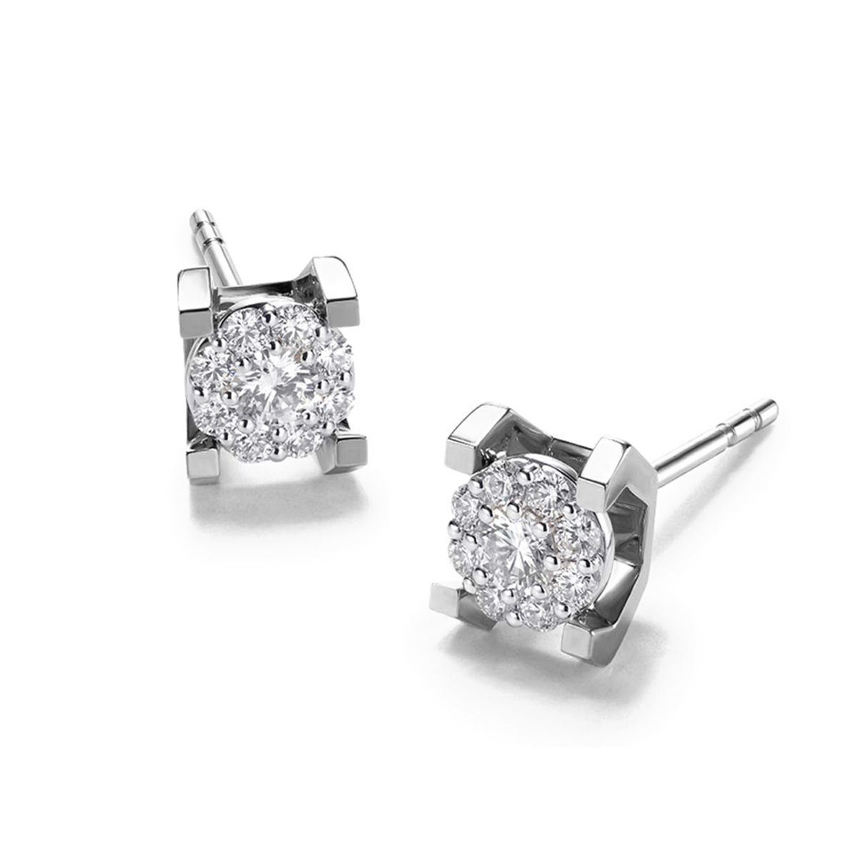 六福珠寶18K金耳環 - “Hexicon”18K(白色)立體長方爪鑽石耳環(圍鑲工藝)