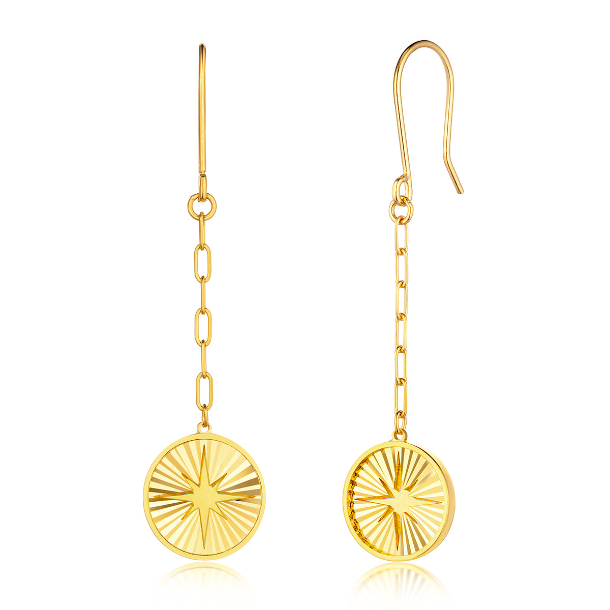 六福珠宝黄金耳环 - "八芒星光"990黄金耳环