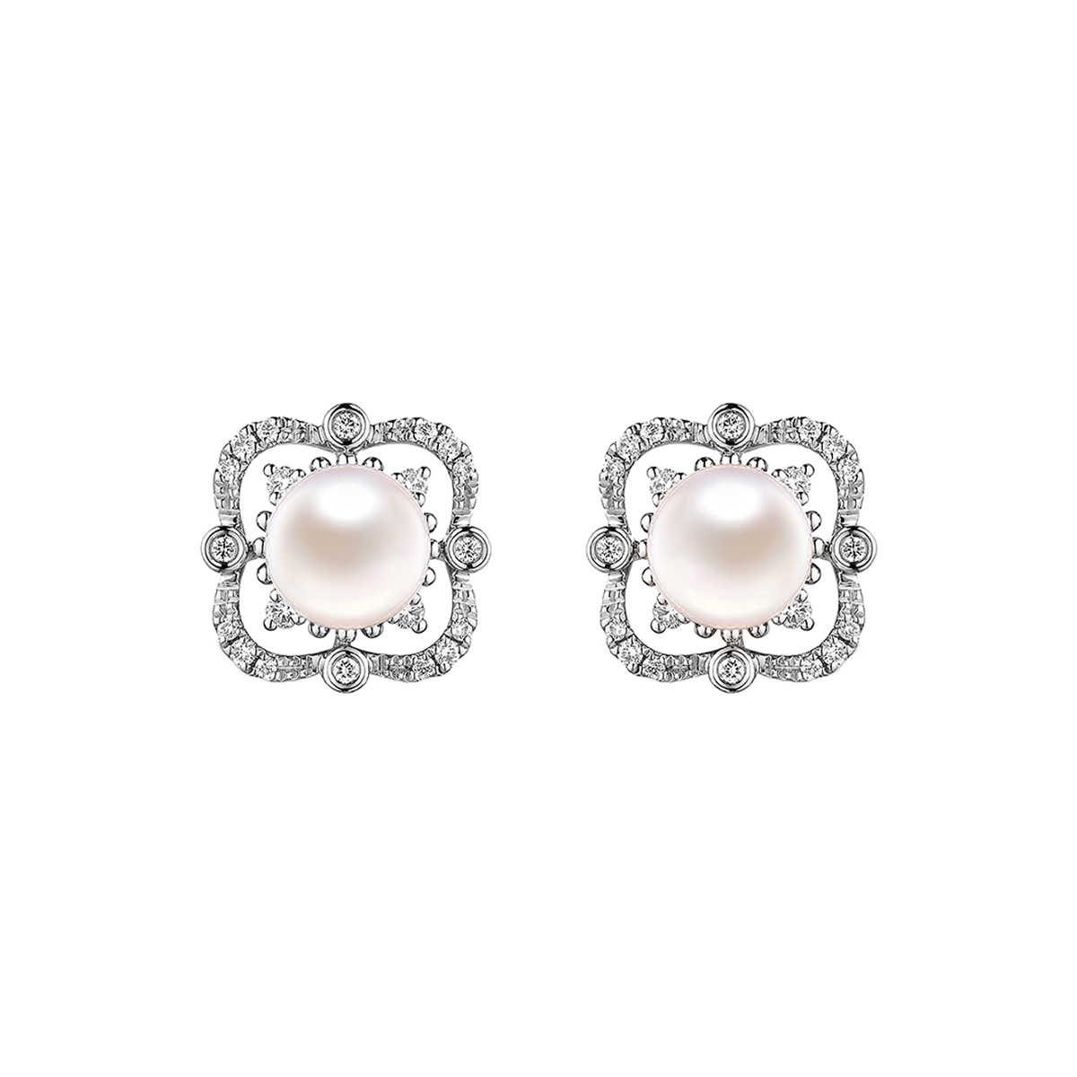 六福珠寶18K金耳環 - "摩登復古"18K金珍珠鑽石耳環–多色選擇