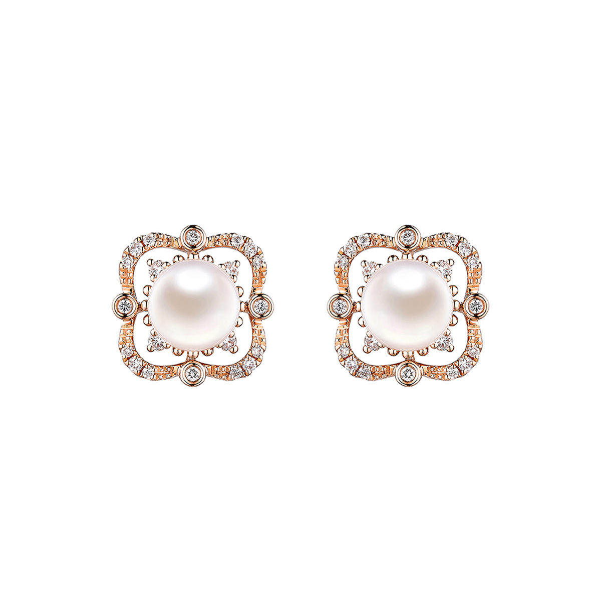 六福珠寶18K金耳環 - "摩登復古"18K金珍珠鑽石耳環–多色選擇