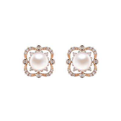 六福珠寶18K金耳環 - "摩登復古"18K金珍珠鑽石耳環–多色選擇