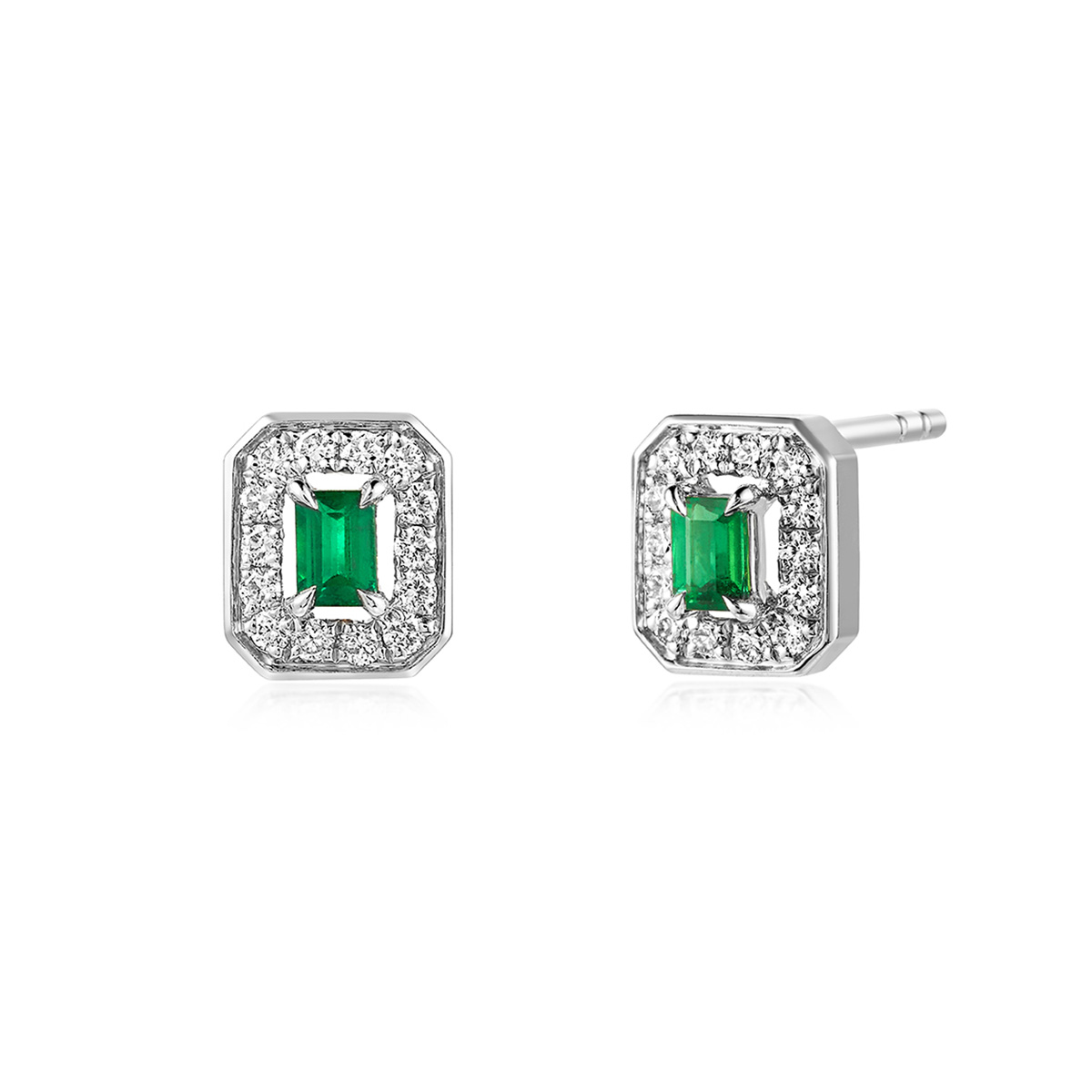 六福珠寶18K金耳環 - "凝彩美寶"18K金(白色)祖母綠鑽石耳環