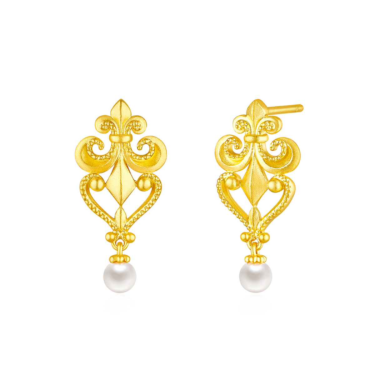 六福珠寶黃金耳環 - "鳶尾花"999足金珍珠耳環