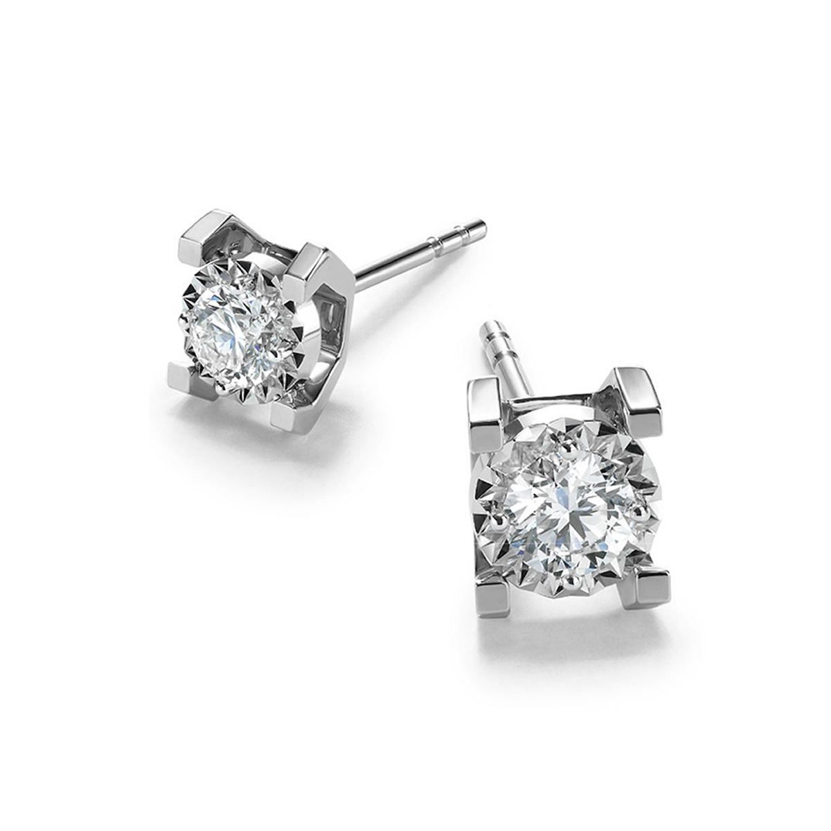 六福珠寶18K金耳環 - “Hexicon”18K金(白色)立體長方爪鑽石耳環(放閃車花工藝)