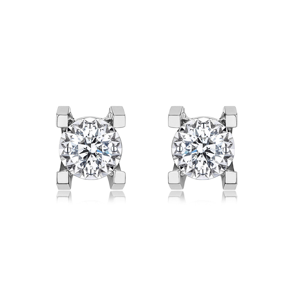 $t('六福珠寶')18K金耳環 - “Hexicon”18K金(白色)立體長方爪鑽石耳環(放閃車花工藝)