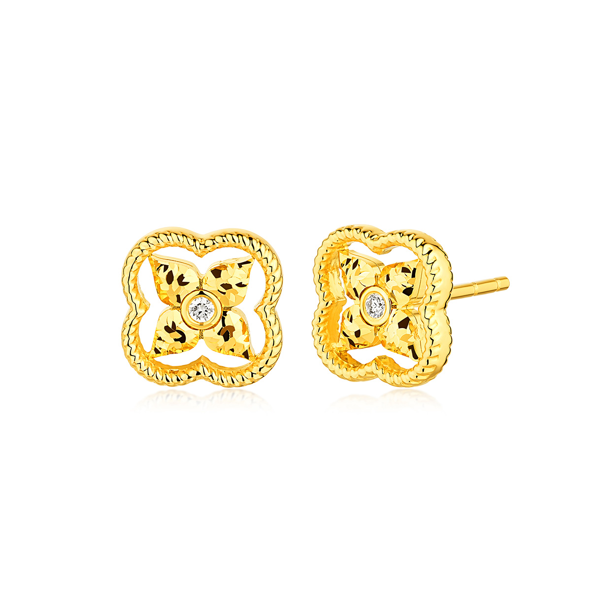 六福珠寶黃金耳環 - "幸運相伴"990黃金鑽石耳環