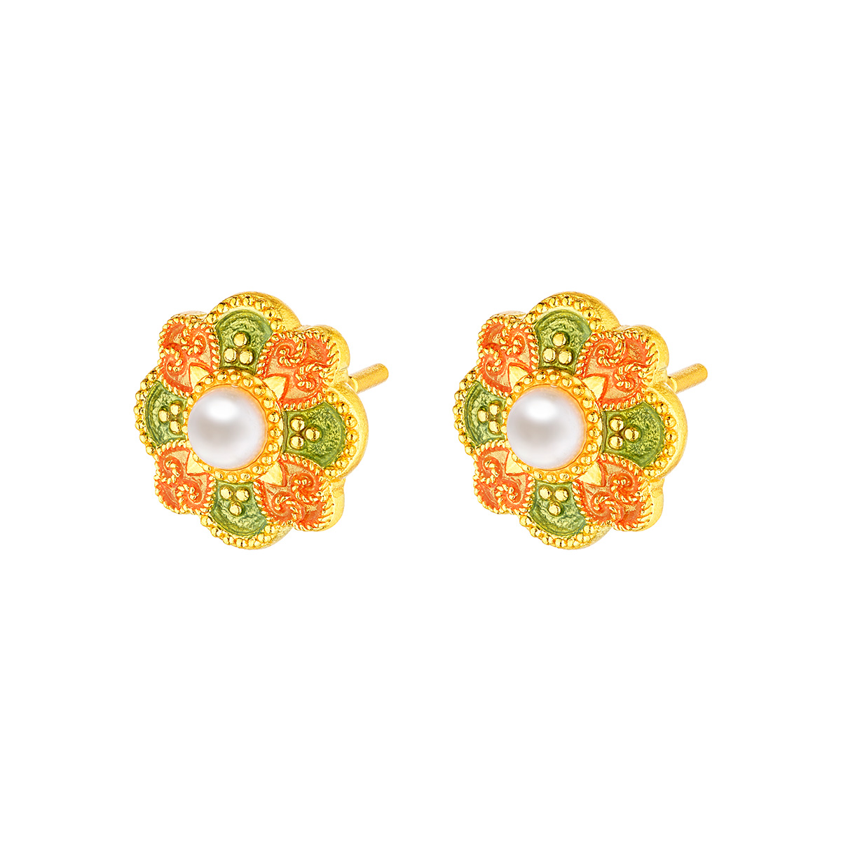 六福珠寶黃金耳環 - "唐彩寶相"999.9黃金珍珠耳環