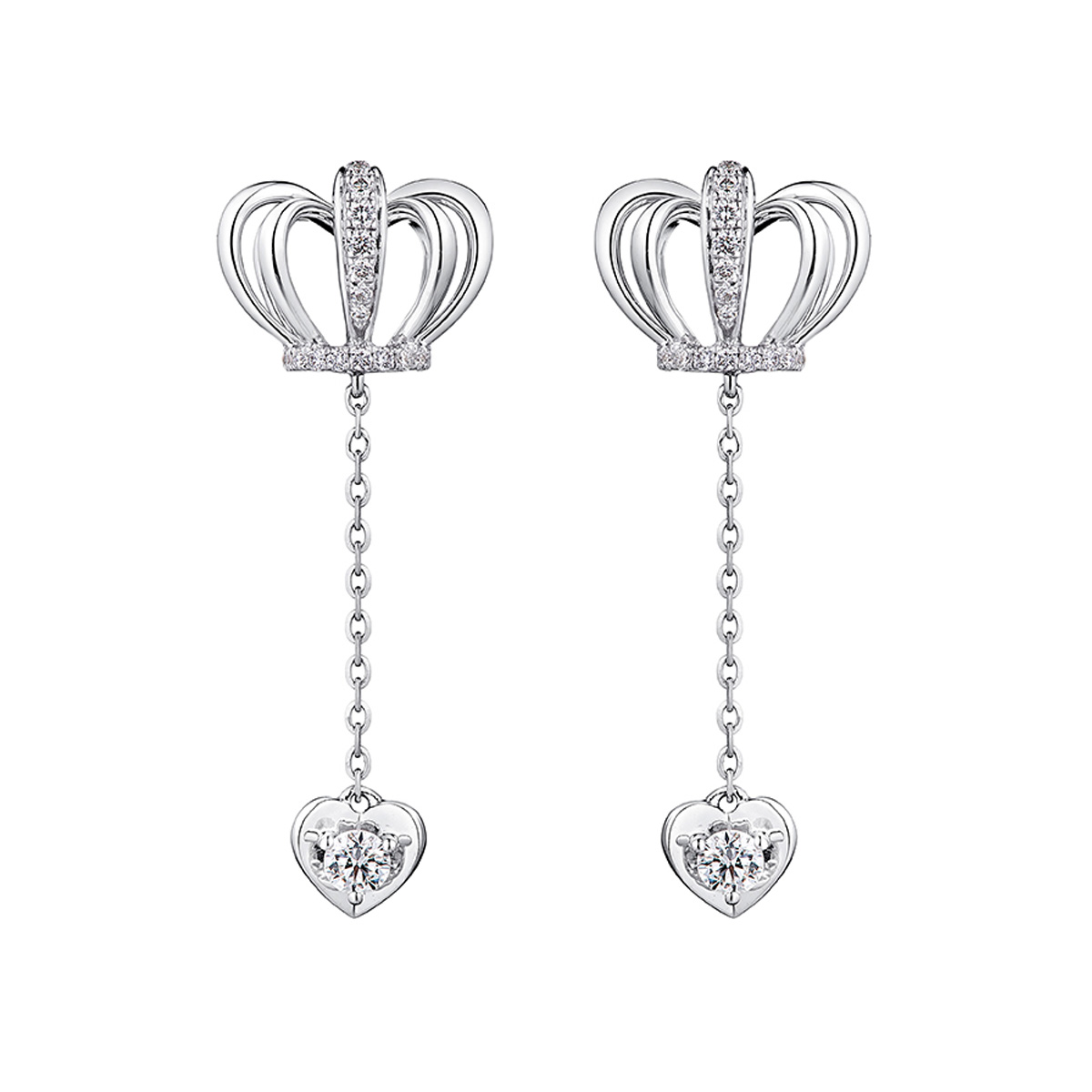 六福珠寶18K金耳環 - "優雅皇冠"18K金(白色)鑽石耳環