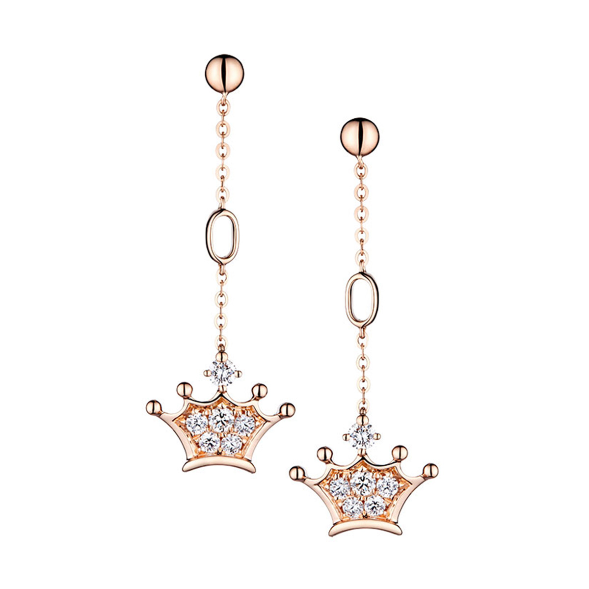 六福珠寶18K金耳環 - “小皇冠”造型18K玫瑰金鑽石耳環