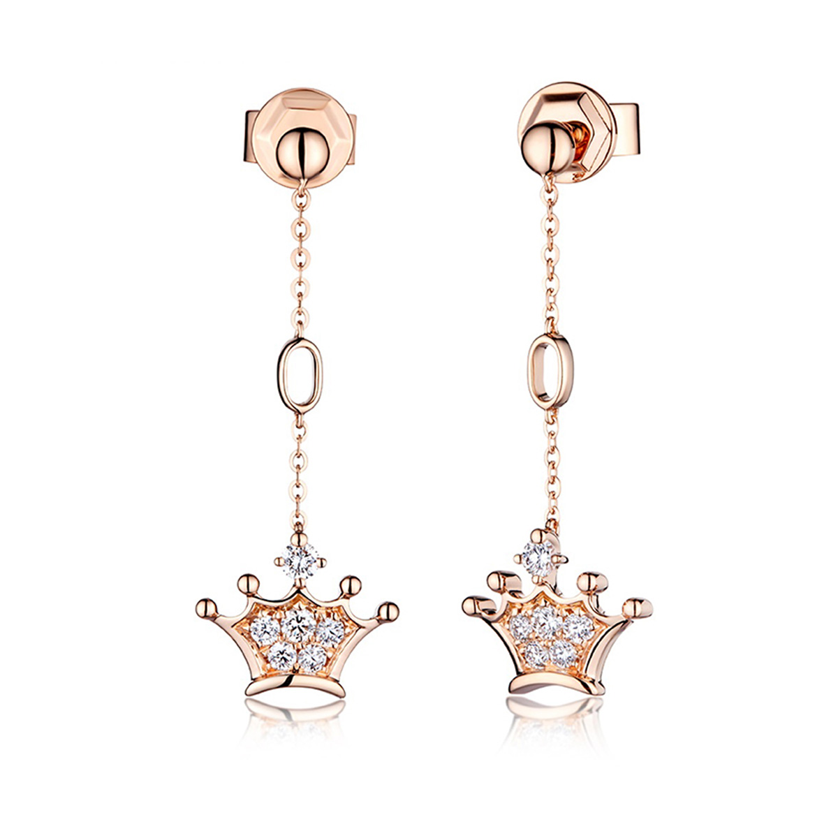 六福珠寶18K金耳環 - “小皇冠”造型18K玫瑰金鑽石耳環