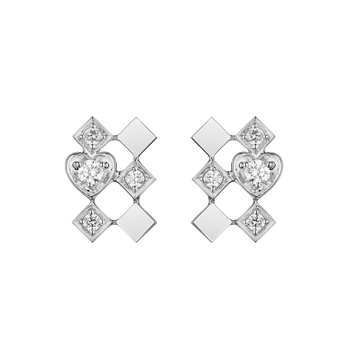 六福珠寶18K金耳環 - "幾何拼合"18K金(白色)拼合圖案鑽石耳環
