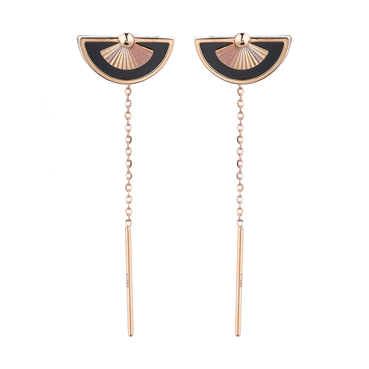 六福珠寶18K金耳環 - "小扇子"18K玫瑰金黑玉髓耳環