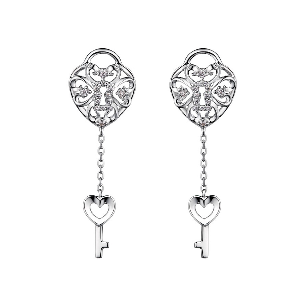 六福珠寶18K金耳環 - "愛情密鑰"18K金(白色)鑽石耳環