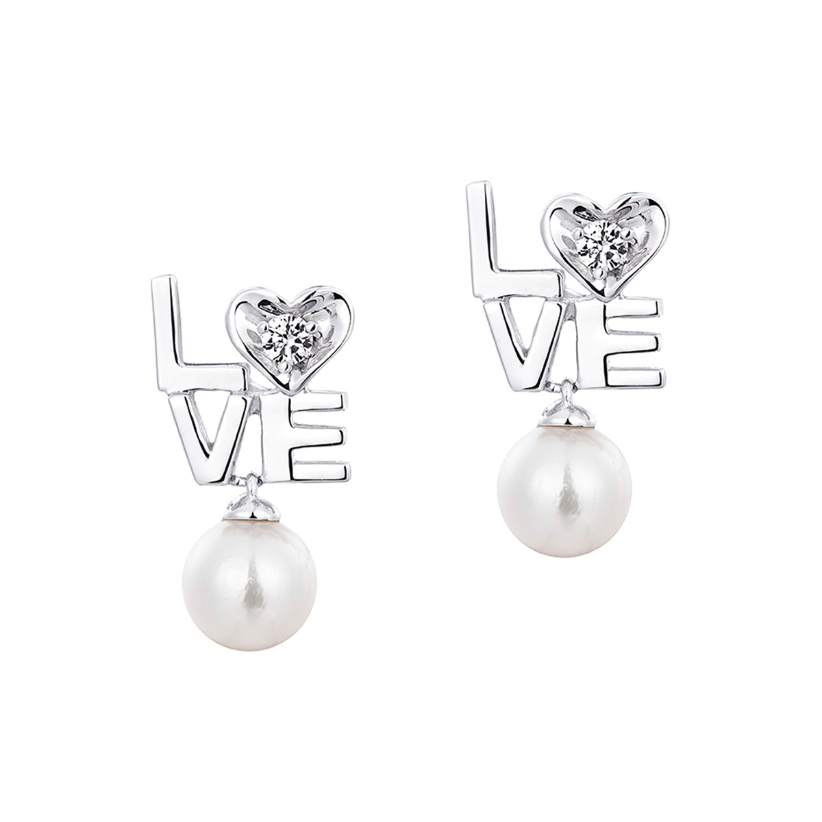 六福珠寶18K金耳環 - "LOVE"18K金珍珠鑽石耳環-多色選擇