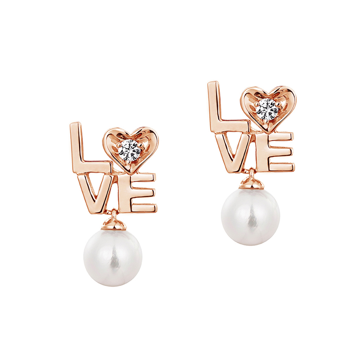 六福珠寶18K金耳環 - "LOVE"18K金珍珠鑽石耳環-多色選擇