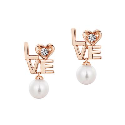 六福珠寶18K金耳環 - "LOVE"18K金珍珠鑽石耳環-多色選擇