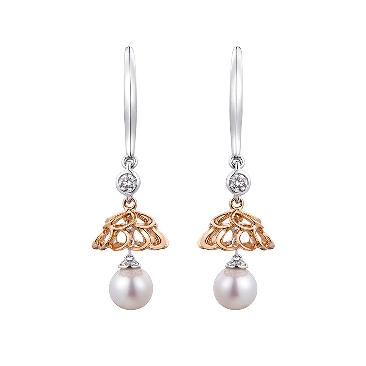 六福珠寶18K金耳環 - "璀璨華燈"18K玫瑰金珍珠鑽石耳環