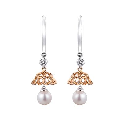 六福珠寶18K金耳環 - "璀璨華燈"18K玫瑰金珍珠鑽石耳環