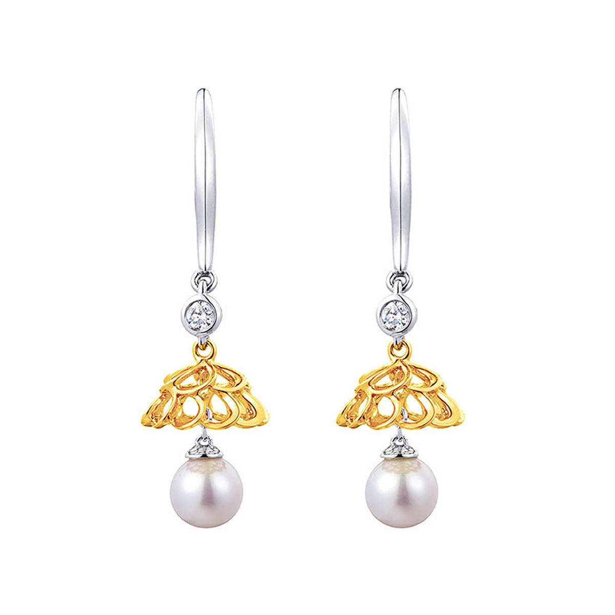 六福珠寶18K金耳環 - "璀璨華燈"18K金珍珠鑽石耳環–多色選擇