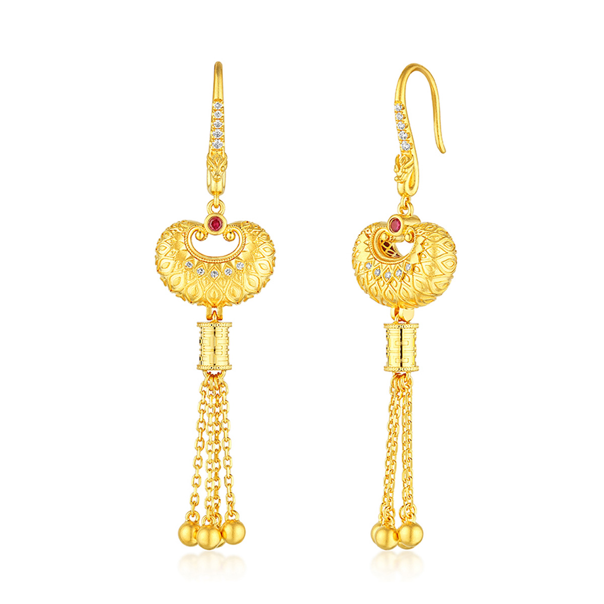 六福珠寶黃金耳環 - “如心「鎖」願”999.9黃金紅寶石鑽石耳環