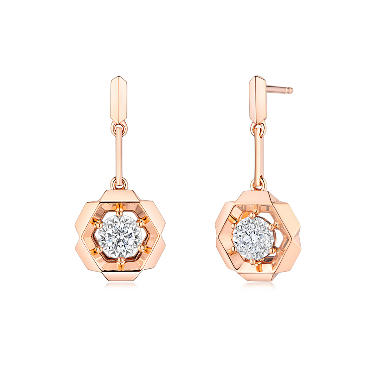 六福珠宝18K金耳环 - “六瓣之花”18K玫瑰金钻石耳环(放闪车花工艺)