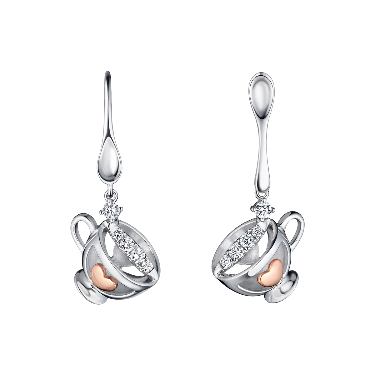 六福珠寶18K金耳環 - "甜蜜咖啡杯"18K金(分色)鑽石耳環