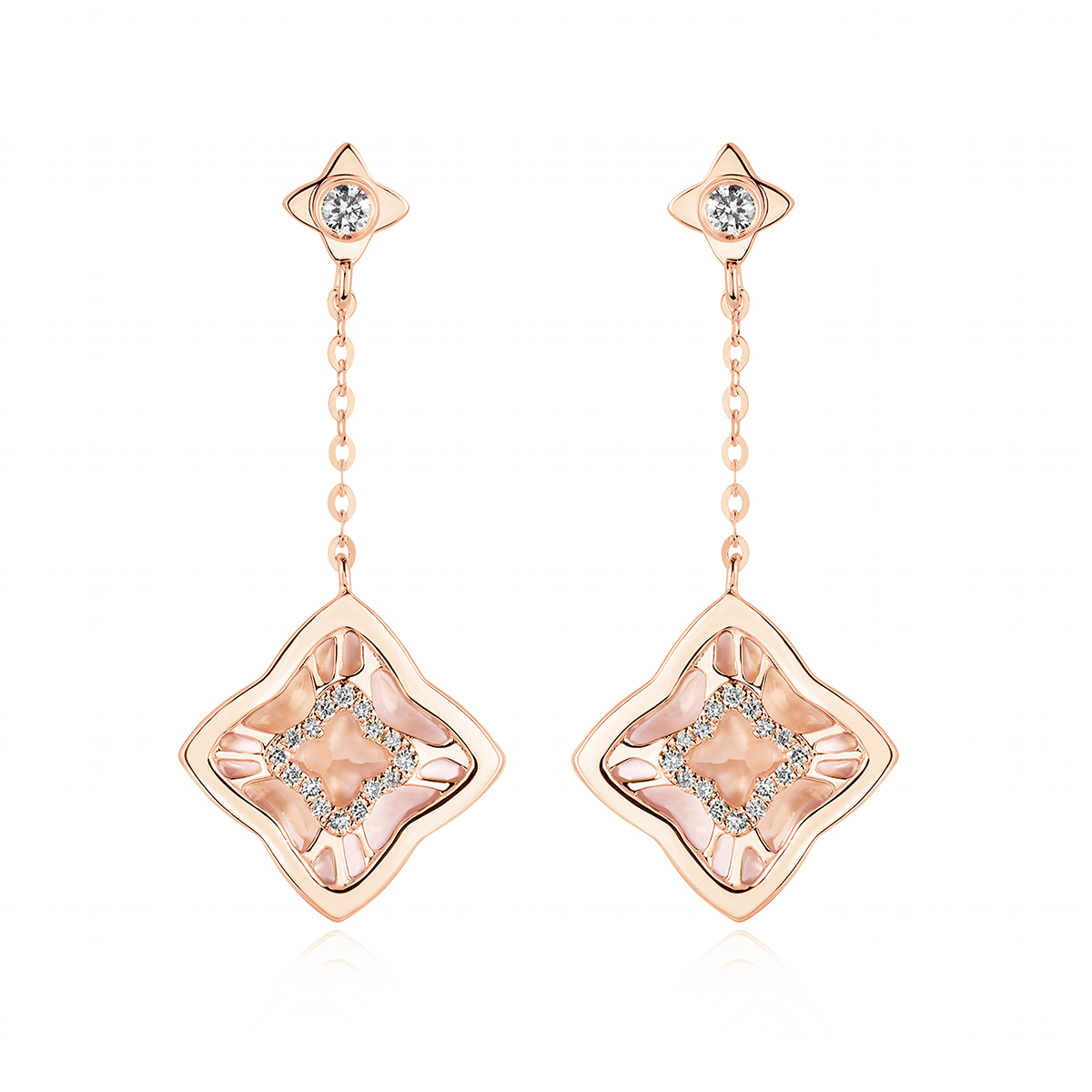 六福珠寶18K金耳環 - "幸運四葉草"18K金鑽石貝母耳環–多色選擇