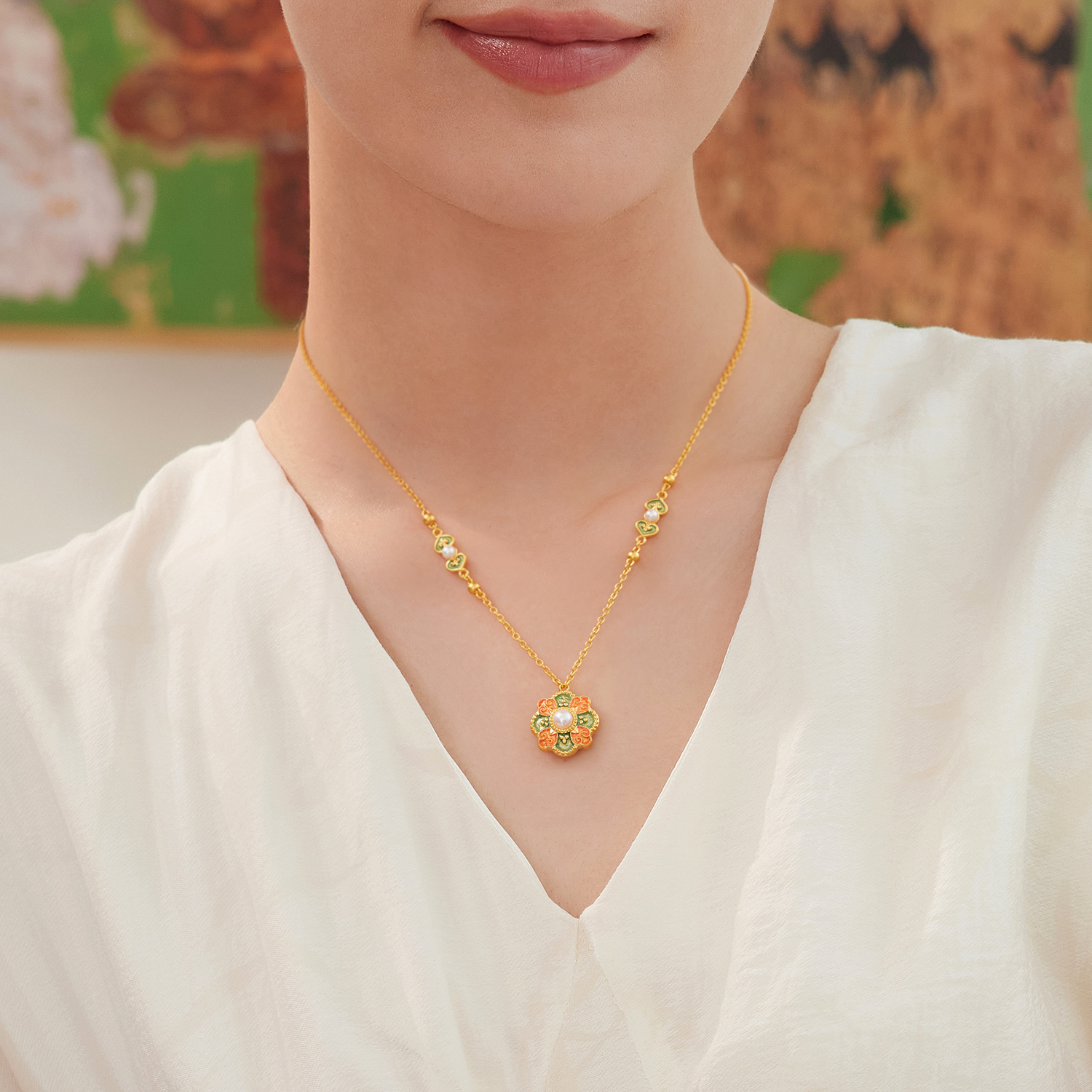 六福珠寶黃金頸鏈 - "唐彩寶相"999.9黃金珍珠頸鏈