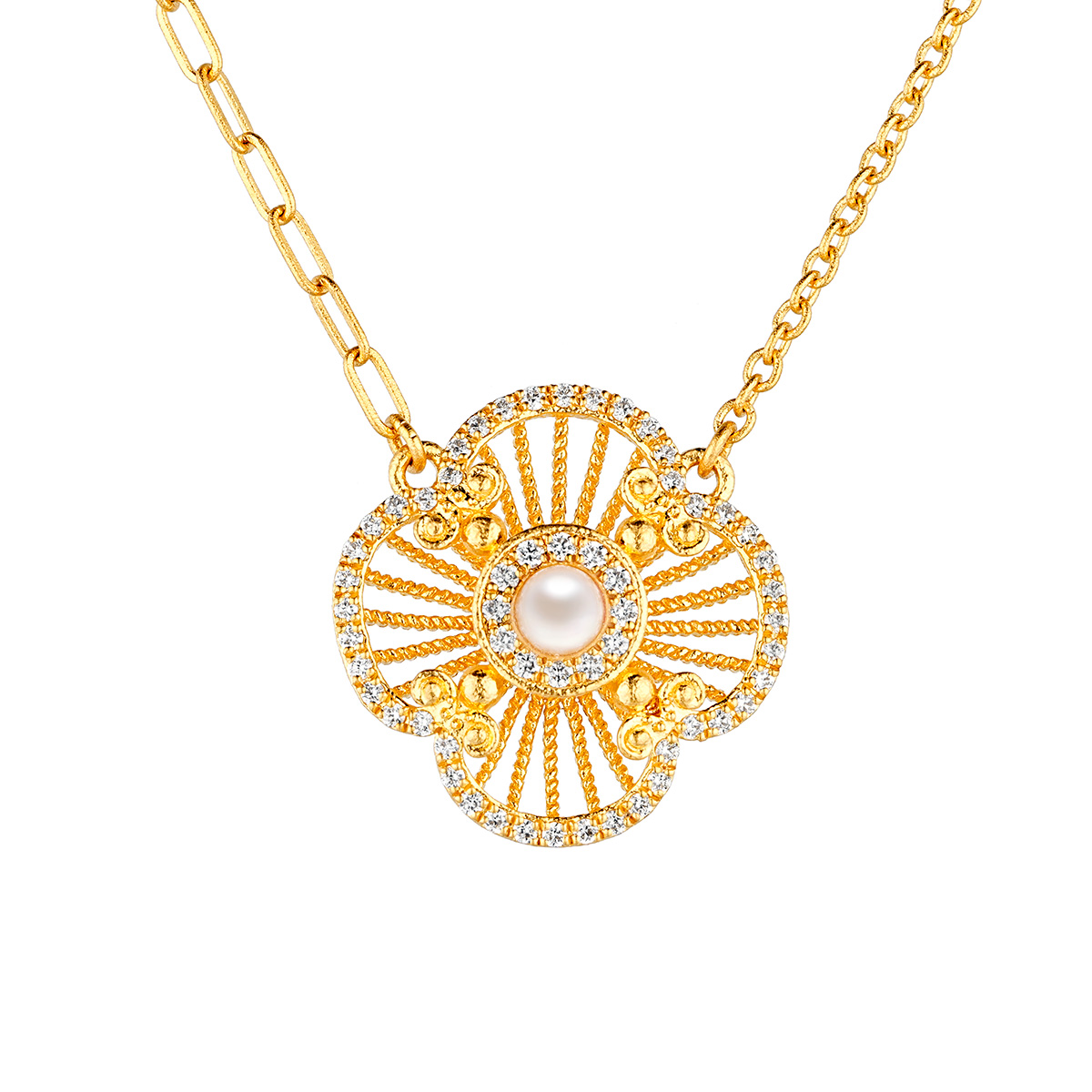 $t('六福珠寶')黃金頸鏈 - "四葉草"999.9黃金鑽石珍珠頸鏈