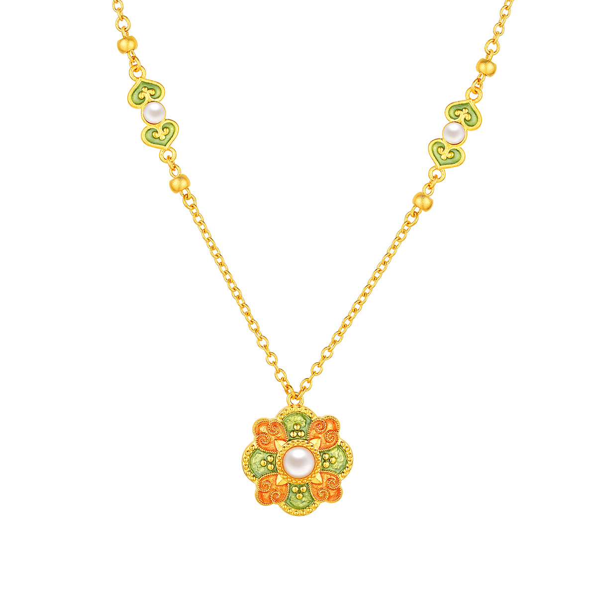 六福珠寶黃金頸鏈 - "唐彩寶相"999.9黃金珍珠頸鏈