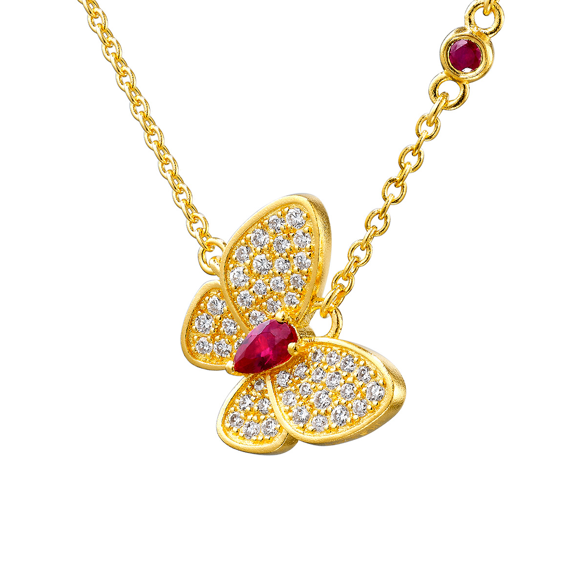 六福珠寶黃金頸鏈 - "花香蝶舞"999.9黃金紅寶石鑽石頸鏈