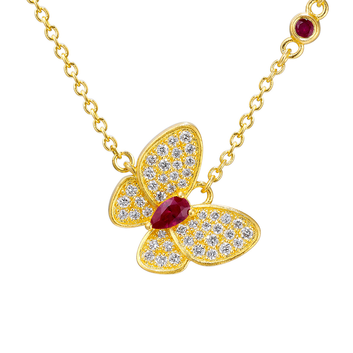 $t('六福珠寶')黃金頸鏈 - "花香蝶舞"999.9黃金紅寶石鑽石頸鏈