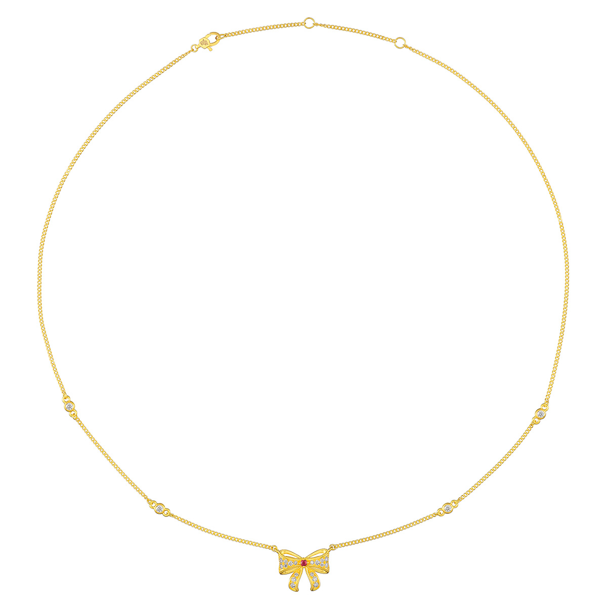六福珠寶黃金頸鏈 - “綺夢花園”999足金紅寶石鑽石蝴蝶結頸鏈