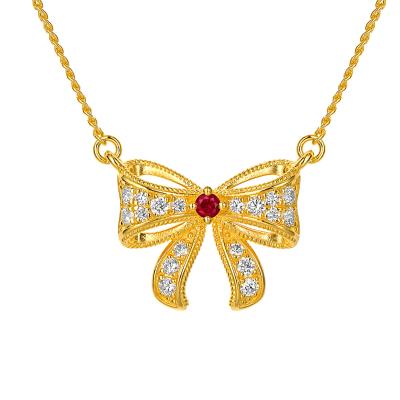 六福珠寶黃金頸鏈 - “綺夢花園”999足金紅寶石鑽石蝴蝶結頸鏈