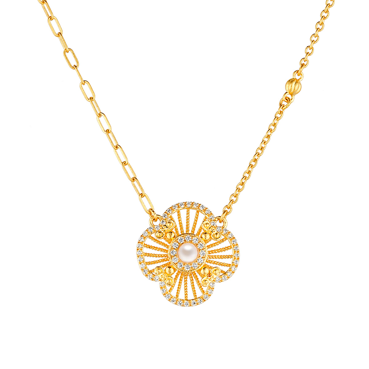 六福珠寶黃金頸鏈 - "四葉草"999.9黃金鑽石珍珠頸鏈