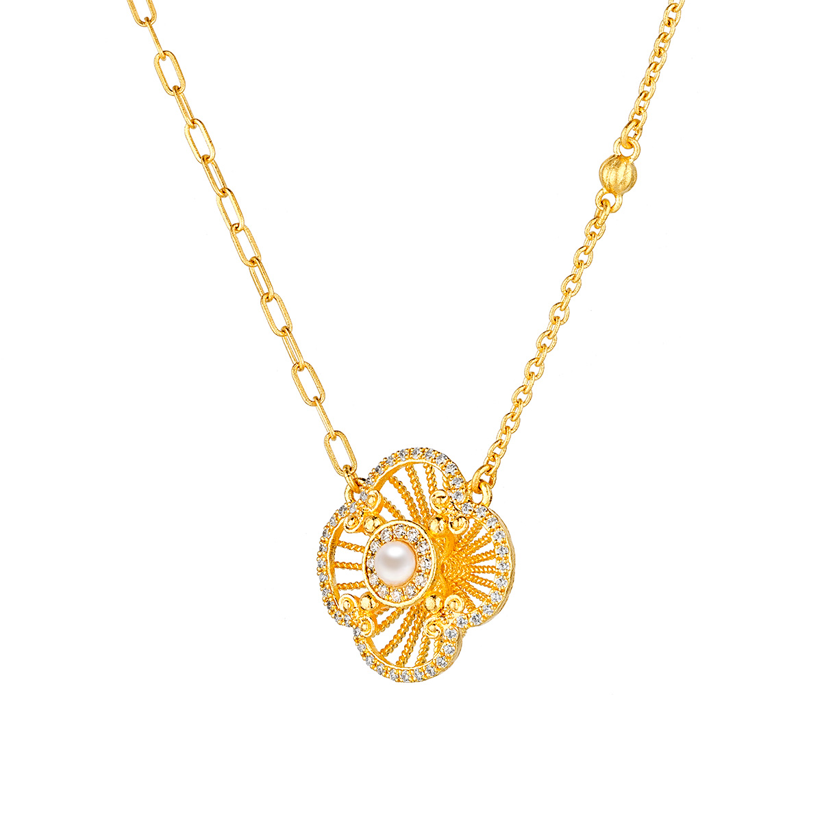 六福珠寶黃金頸鏈 - "四葉草"999.9黃金鑽石珍珠頸鏈