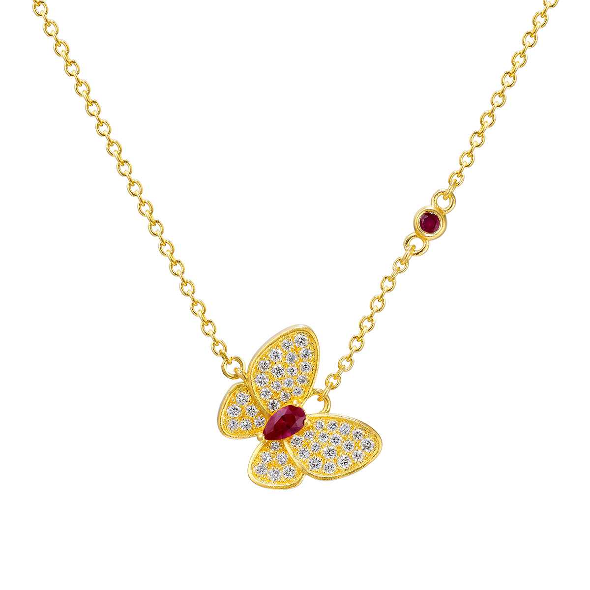 六福珠寶黃金頸鏈 - "花香蝶舞"999.9黃金紅寶石鑽石頸鏈