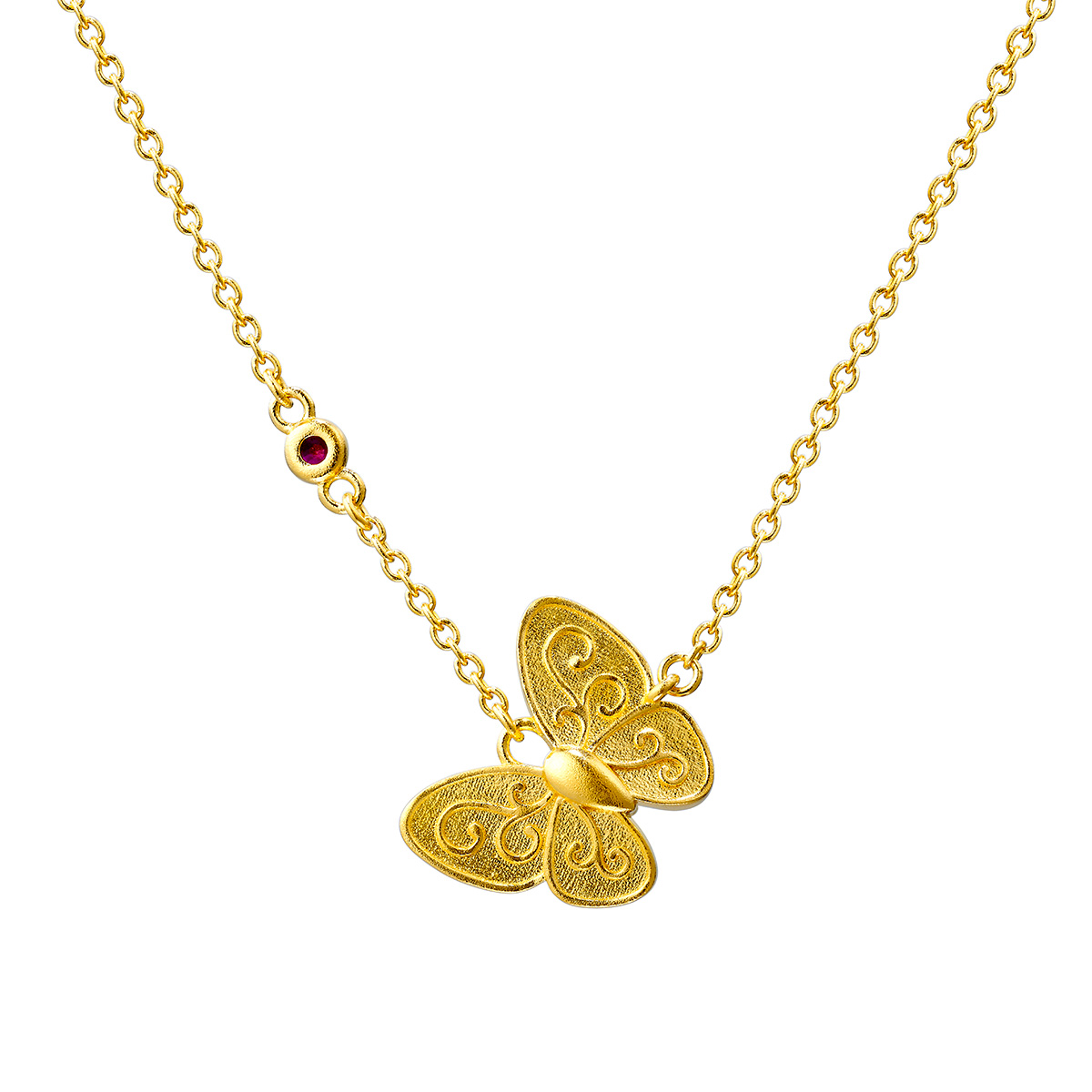六福珠寶黃金頸鏈 - "花香蝶舞"999.9黃金紅寶石鑽石頸鏈