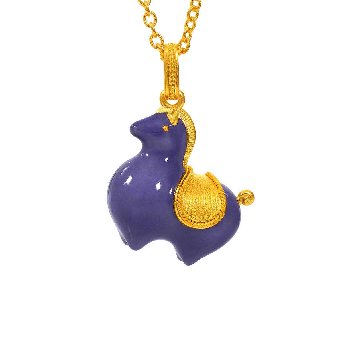 $t('六福珠寶')黃金頸鏈 - 凝夜紫"唐彩墩墩馬"999.9黃金琺瑯頸鏈