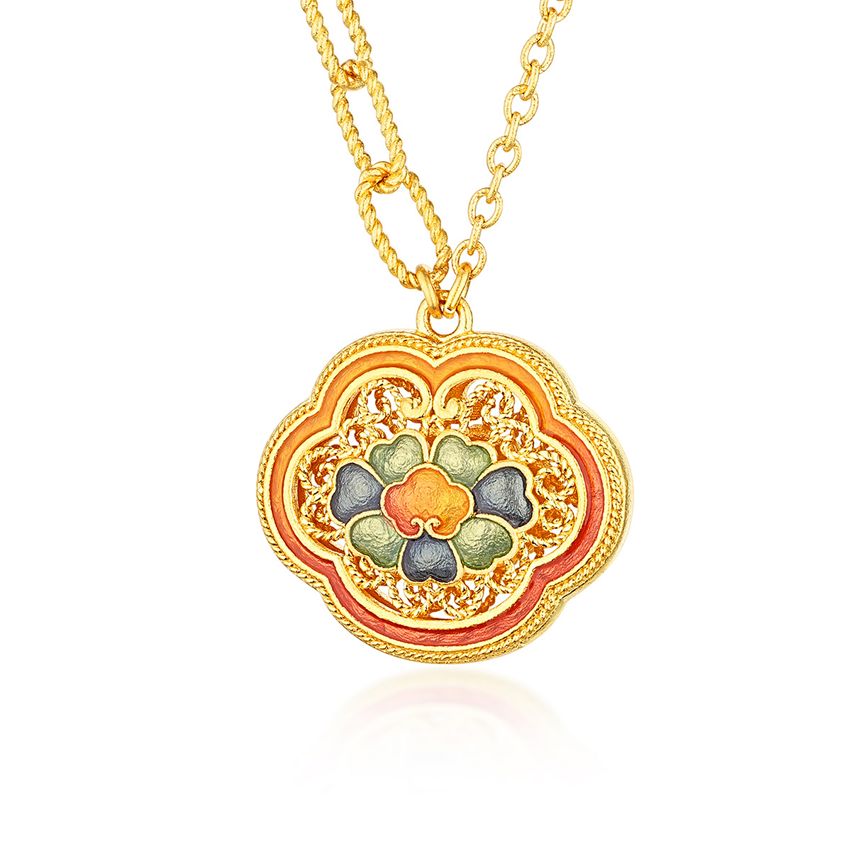 六福珠寶黃金頸鏈 - "瑰麗茶花"999.9黃金珍珠頸鏈