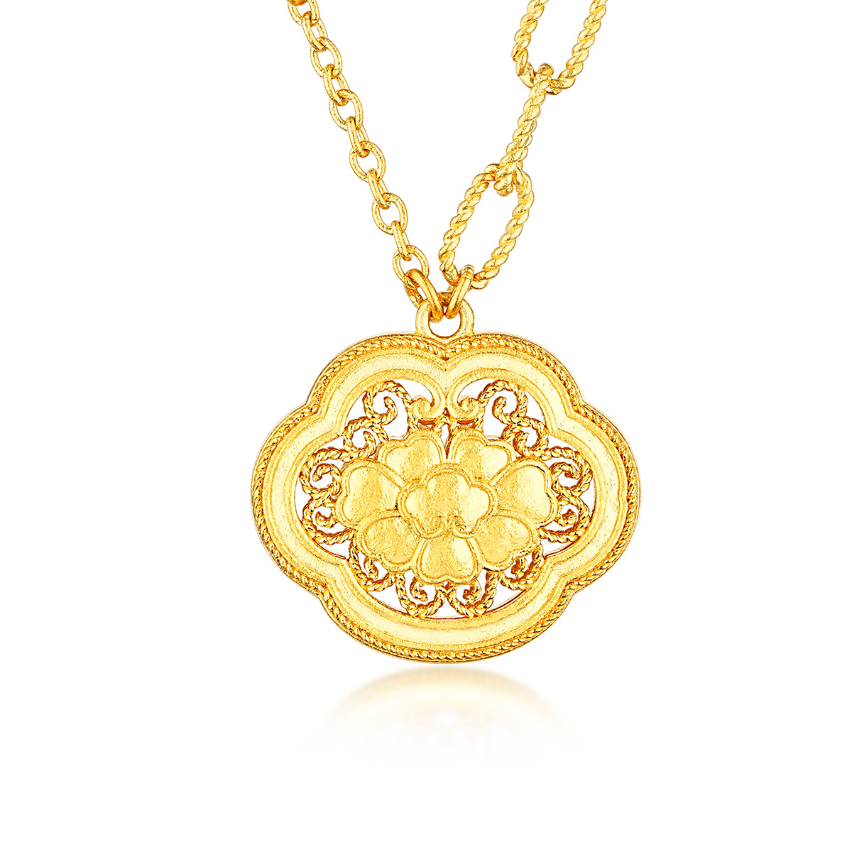 六福珠寶黃金頸鏈 - "瑰麗茶花"999.9黃金珍珠頸鏈