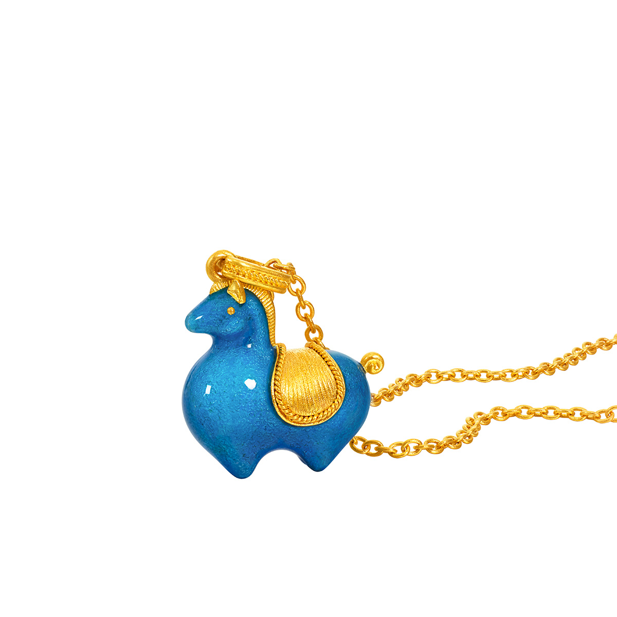 六福珠寶黃金頸鏈 - 孔雀藍"唐彩墩墩馬"999.9黃金琺瑯頸鏈
