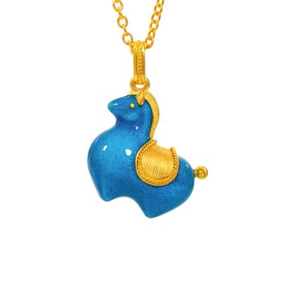 六福珠寶黃金頸鏈 - 孔雀藍"唐彩墩墩馬"999.9黃金琺瑯頸鏈
