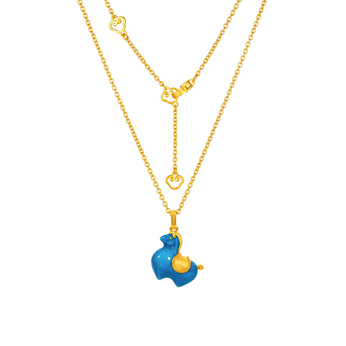 六福珠寶黃金頸鏈 - 孔雀藍"唐彩墩墩馬"999.9黃金琺瑯頸鏈