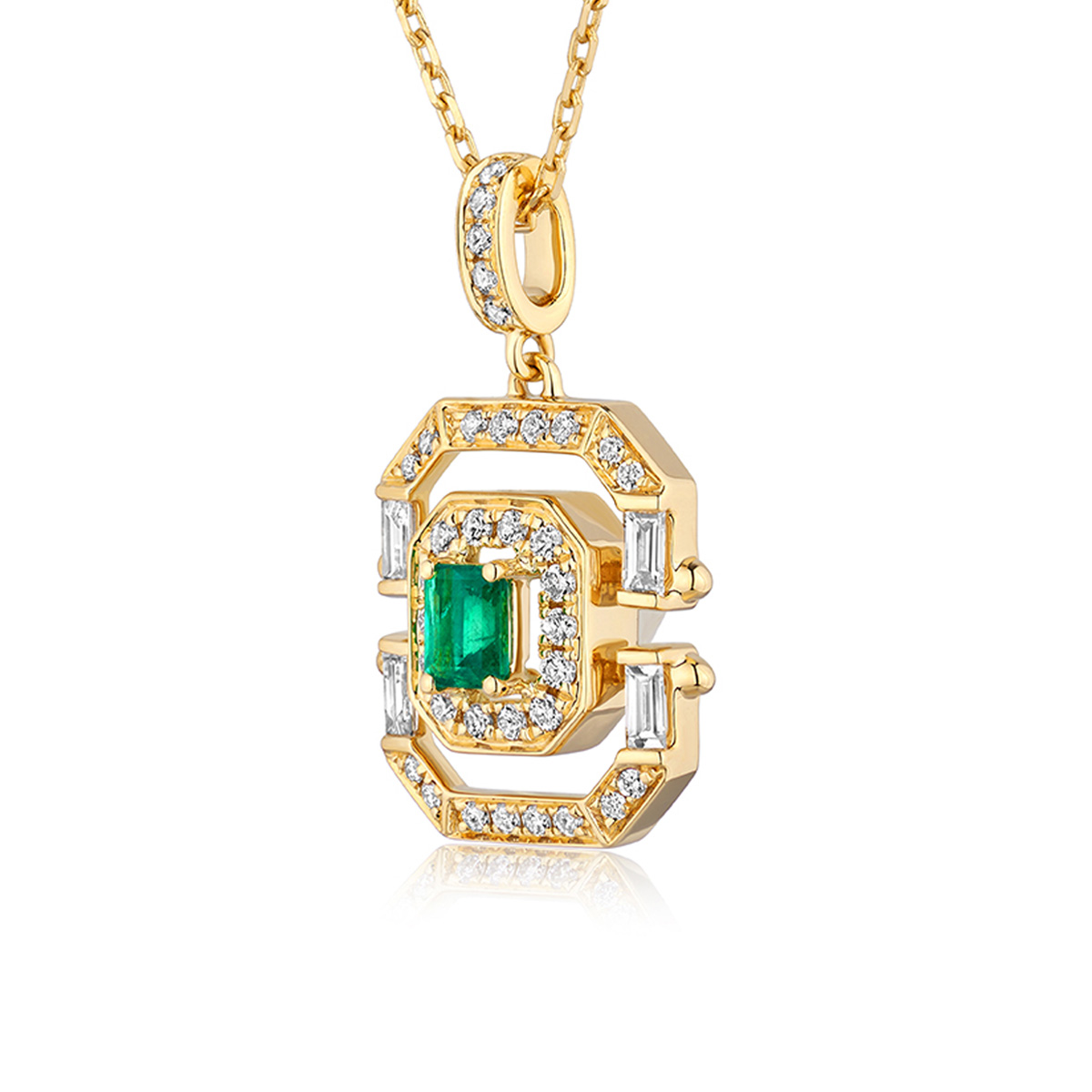 六福珠寶18K金頸鏈 - "凝彩美寶"18K金(黃色)祖母綠鑽石頸鏈