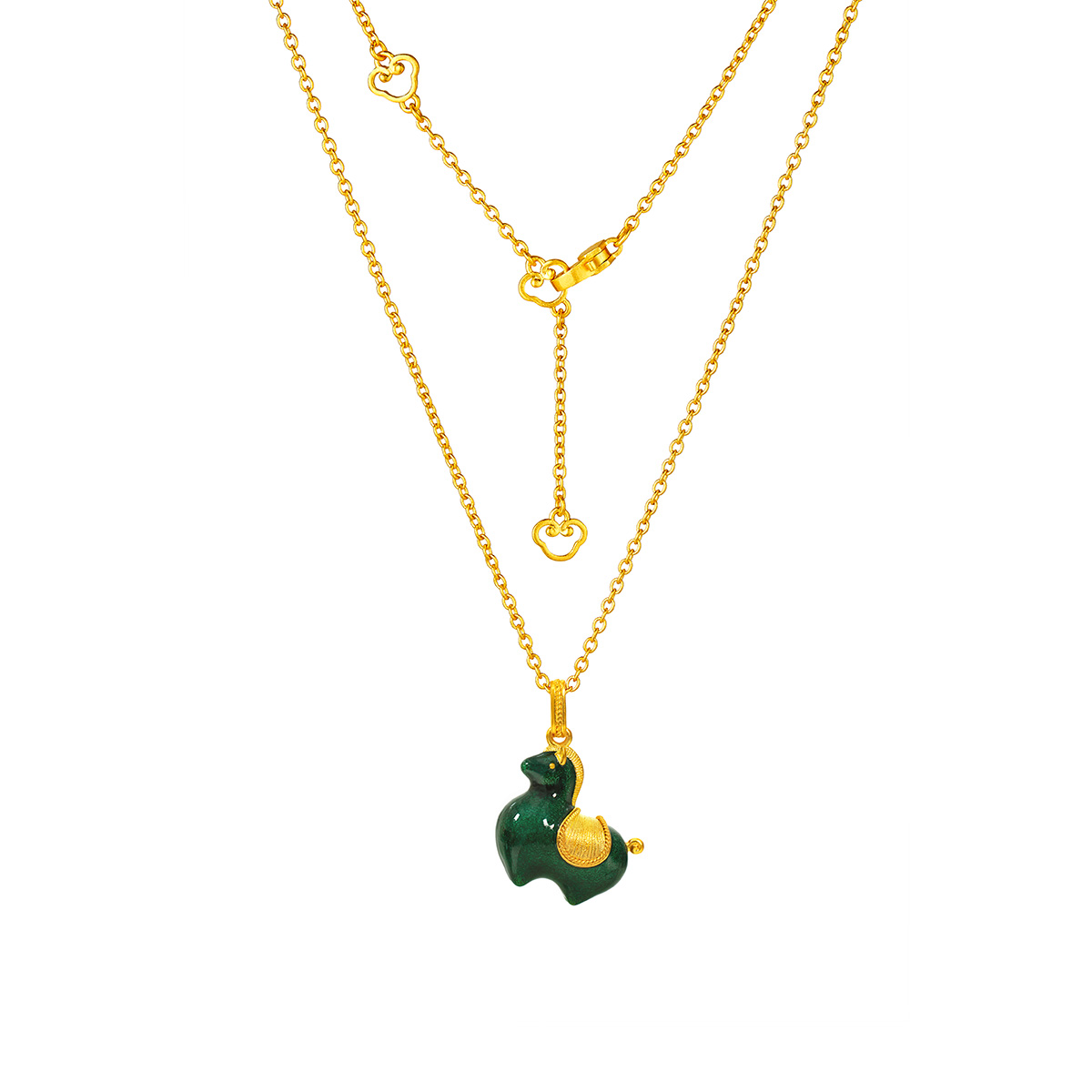 六福珠寶黃金頸鏈 - 青石綠"唐彩墩墩馬"999.9黃金琺瑯頸鏈