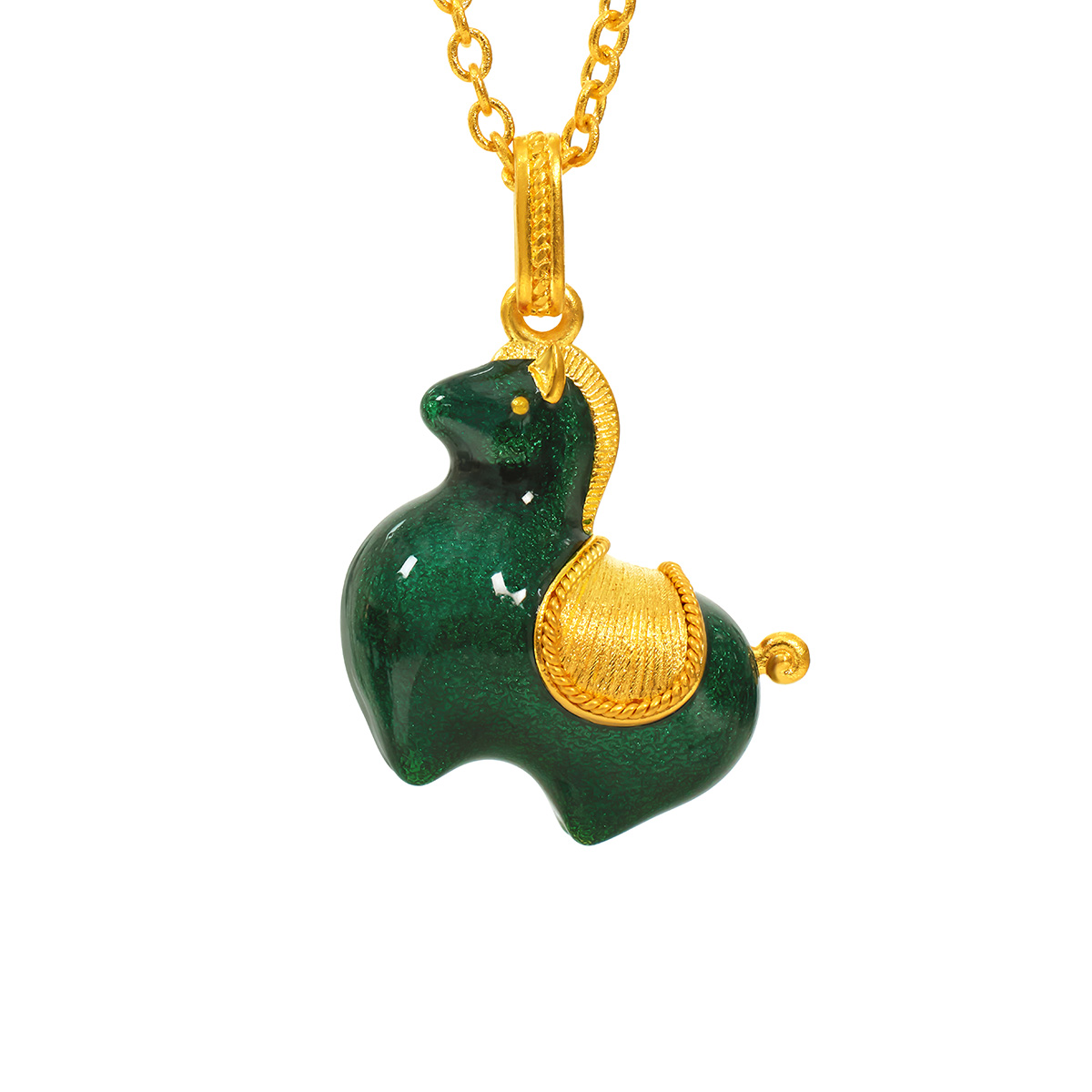 $t('六福珠寶')黃金頸鏈 - 青石綠"唐彩墩墩馬"999.9黃金琺瑯頸鏈