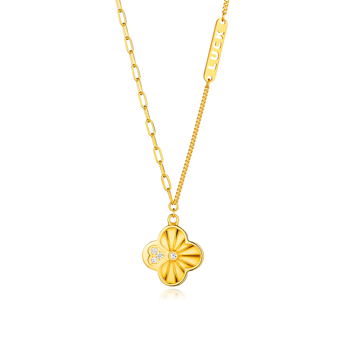 六福珠寶黃金頸鏈 - "幸運之光"雙層幸運草造型990黃金鑽石頸鏈