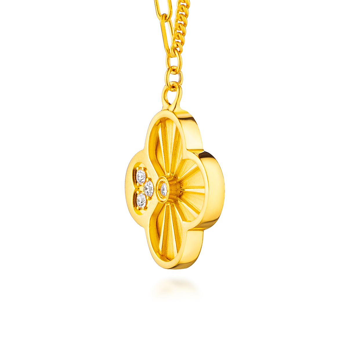 六福珠寶黃金頸鏈 - "幸運之光"雙層幸運草造型990黃金鑽石頸鏈