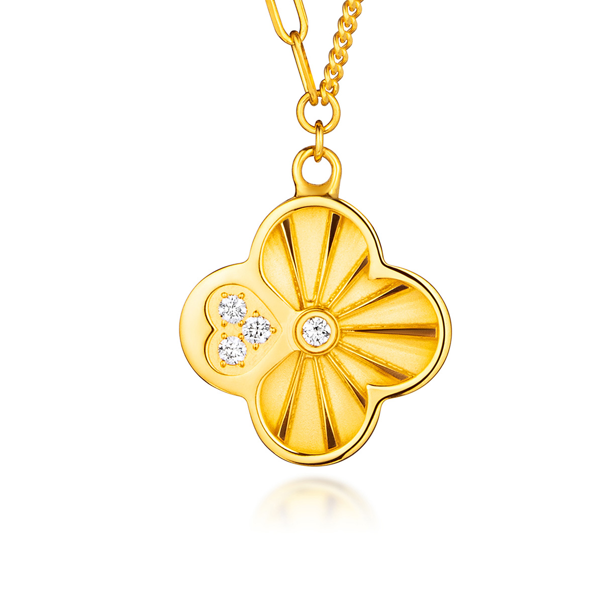 六福珠寶黃金頸鏈 - "幸運之光"雙層幸運草造型990黃金鑽石頸鏈